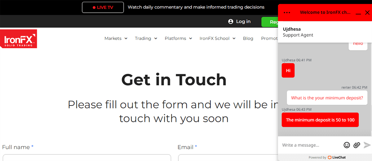 IronFX Live Chat Support