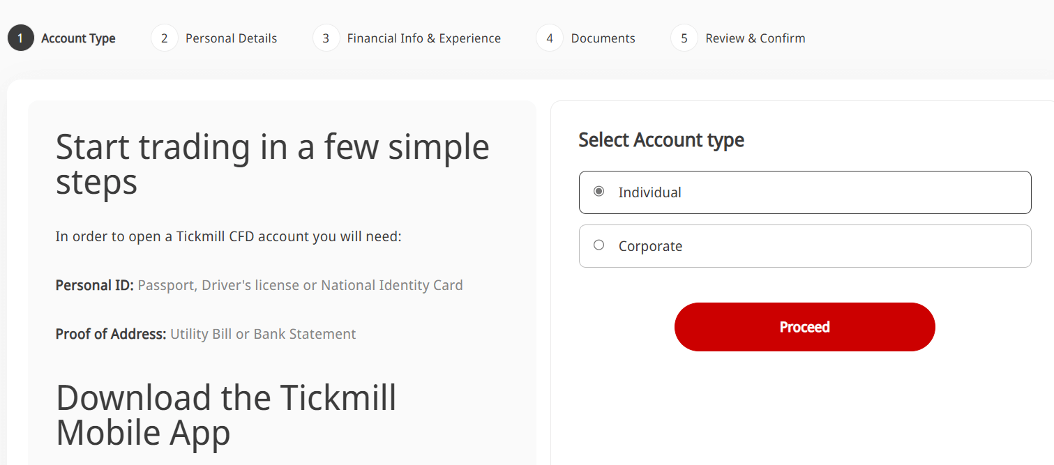 Select your Account Type at Tickmill
